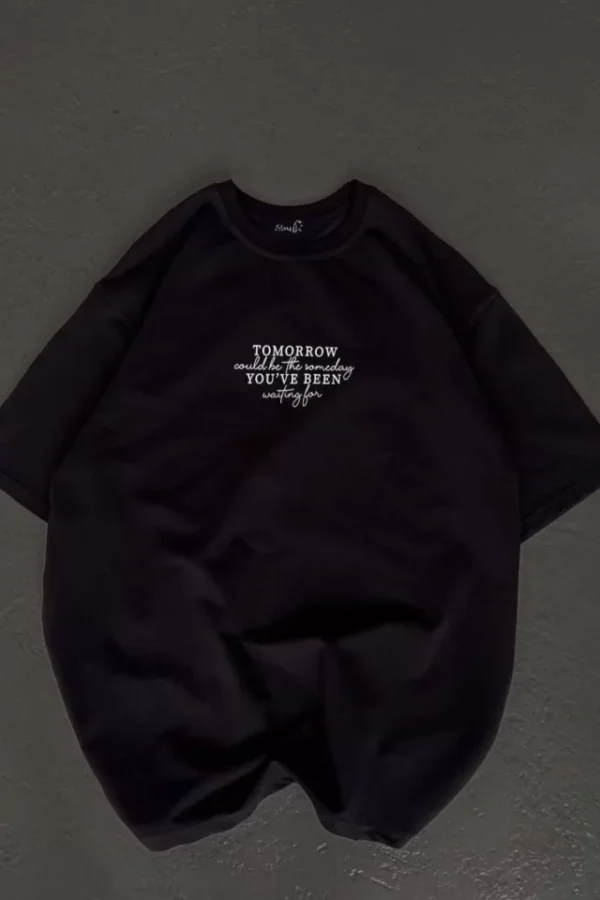 Unisex Bisiklet Yaka Baskılı Oversize T-Shirt - Siyah