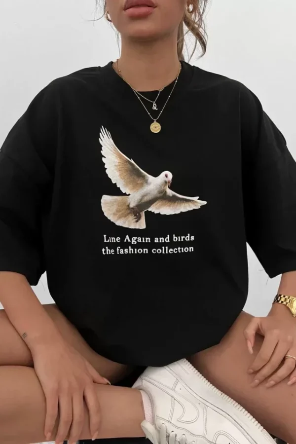 Unisex Bisiklet Yaka Baskılı Oversize T-Shirt - Siyah