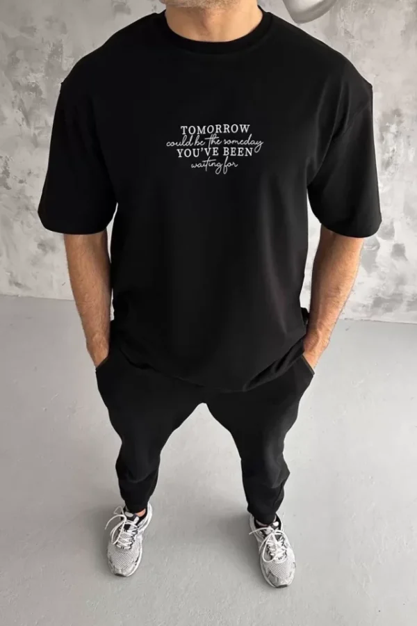 Unisex Bisiklet Yaka Baskılı Oversize T-Shirt - Siyah