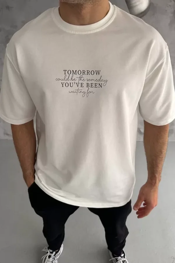 Unisex Bisiklet Yaka Baskılı Oversize T-Shirt - Beyaz