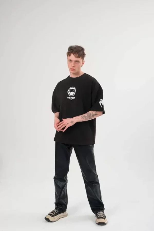 Unisex Bisiklet Yaka Baskılı Oversize T-Shirt - Siyah