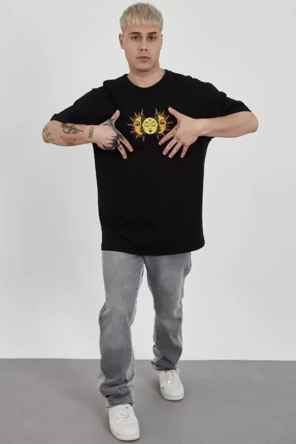 Unisex Bisiklet Yaka Baskılı Oversize T-Shirt - Siyah