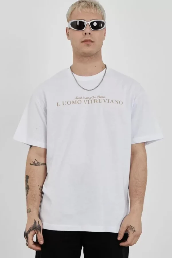 Unisex Bisiklet Yaka Baskılı Oversize T-Shirt - Beyaz