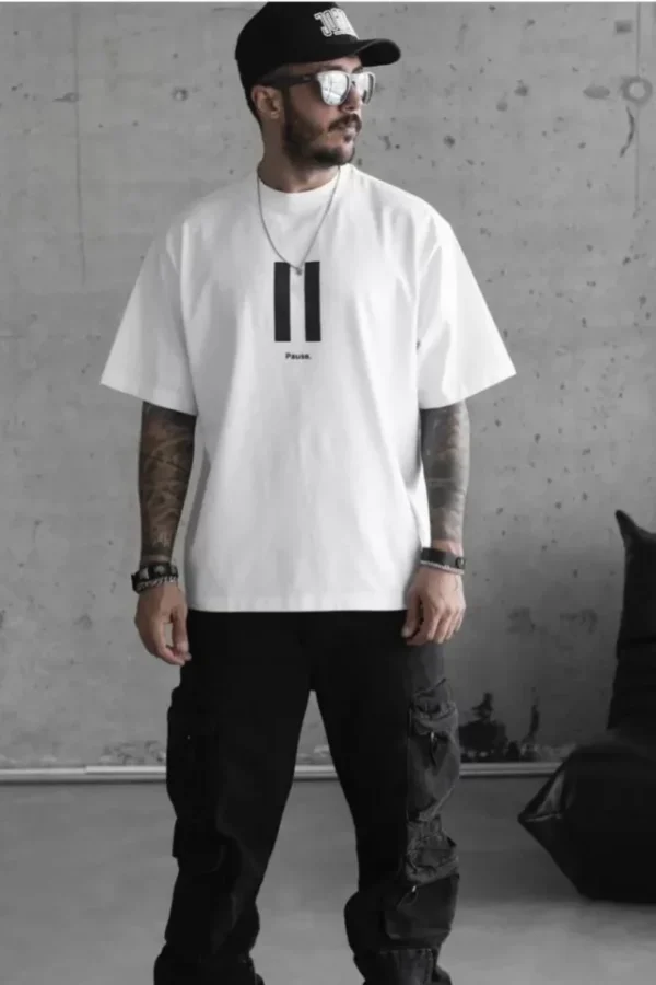 Unisex Bisiklet Yaka Baskılı Oversize T-Shirt - Beyaz