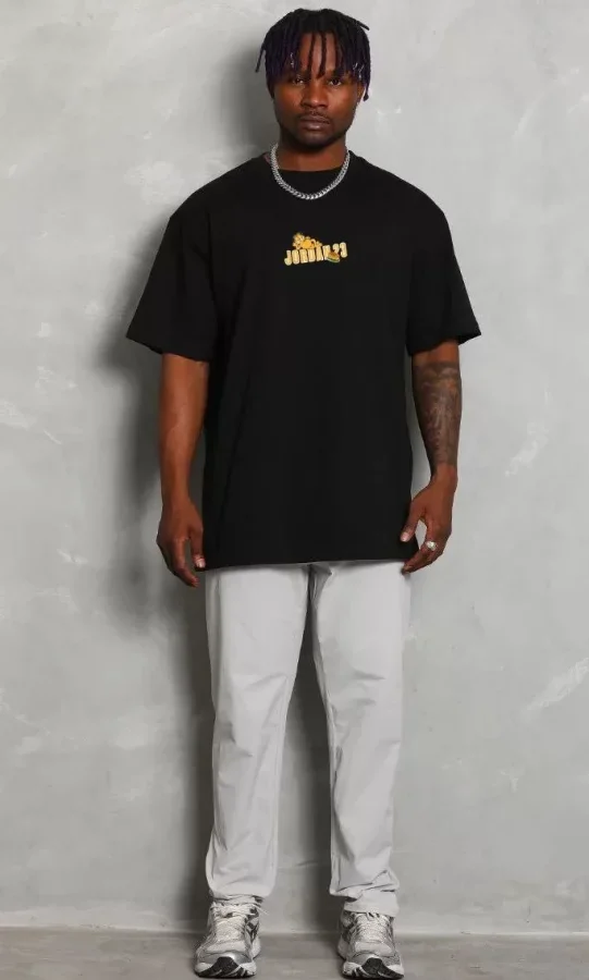 Unisex Bisiklet Yaka Baskılı Oversize T-Shirt - Siyah