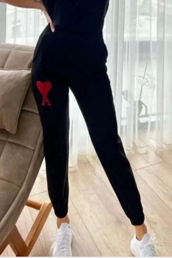 Unisex İki İplik Baskılı Oversize Eşofman Altı - Siyah