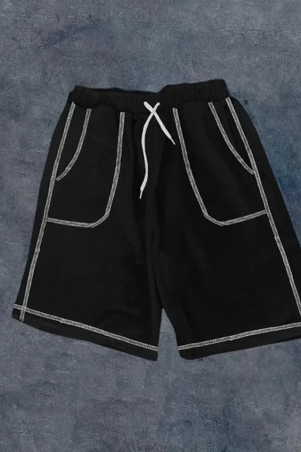 Unisex Dikişli Cepli Oversize Şort - Siyah