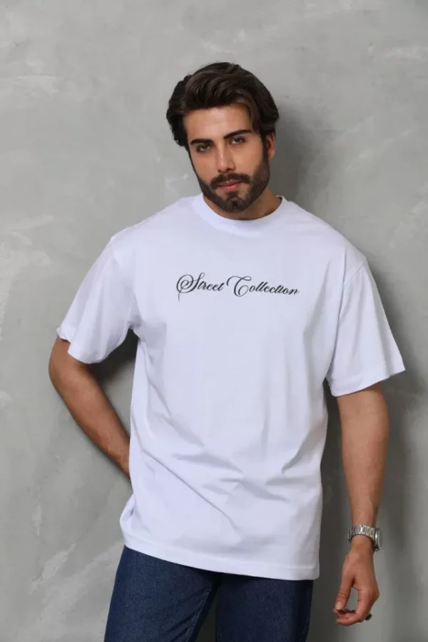 Unisex Bisiklet Yaka Baskılı Oversize T-Shirt - Beyaz