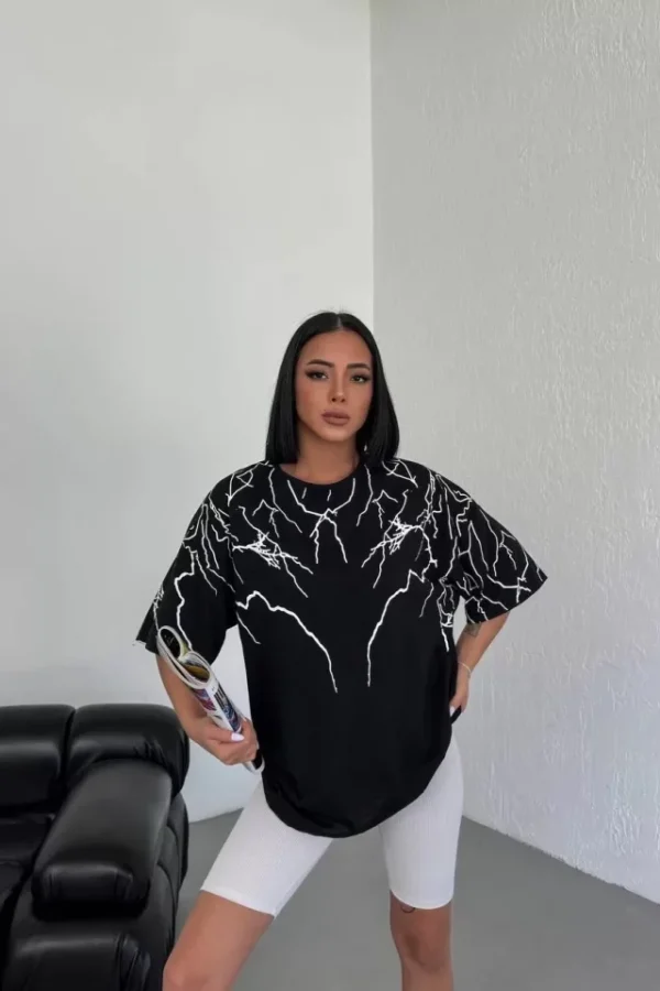 Unisex Bisiklet Yaka Baskılı Oversize T-Shirt - Siyah