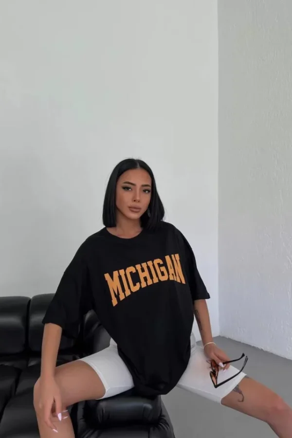 Unisex Bisiklet Yaka Baskılı Oversize T-Shirt - Beyaz