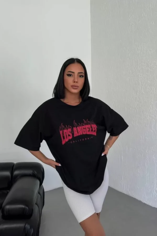 Unisex Bisiklet Yaka Baskılı Oversize T-Shirt - Siyah