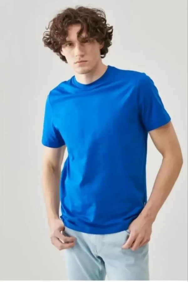 Unisex Düz Biskilet Yaka Oversize T-shirt - Mavi