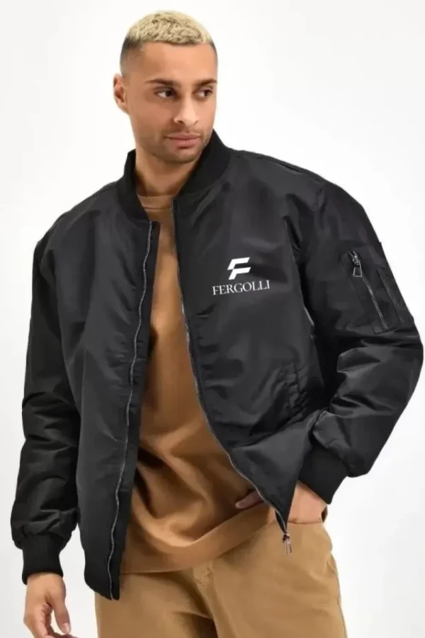 Unisex Uzun Kol Baskılı Bomber Ceket - Siyah