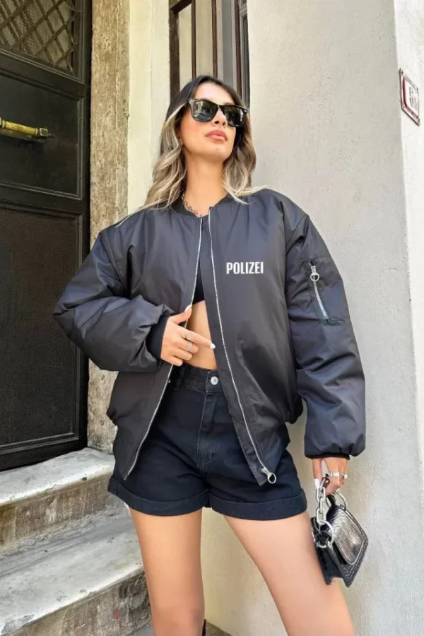 Unisex Uzun Kol Baskılı Bomber Ceket - Siyah