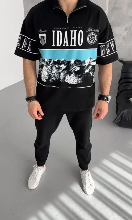 Unisex Baskılı Yarım Fermuarlı T-Shirt - Siyah