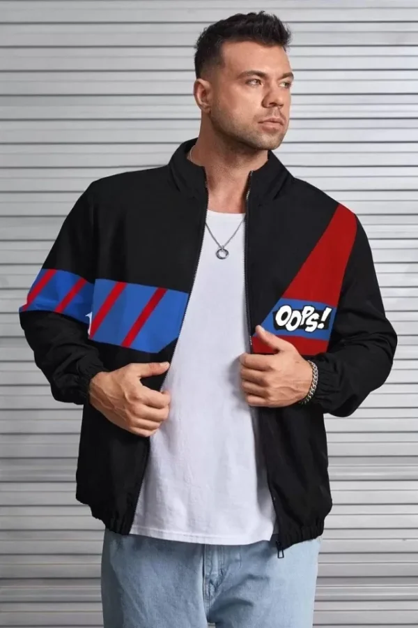 Unisex Uzun Koll Fermuarlı Baskılı Rüzgarlik - Siyah