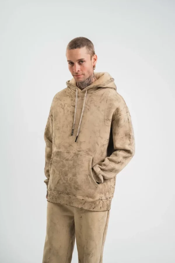 Unisex Double Oversize Kapşonlu Yıkamalı SweatShirt - Bej