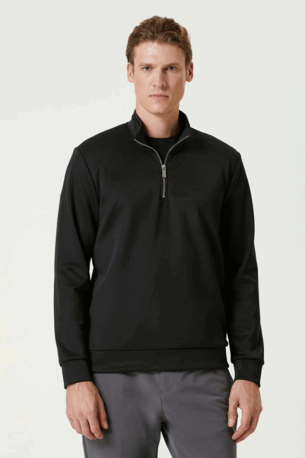 Unisex Uzun Kol Yarım Farmuarlı Yakalı Basic SweatShirt - Siyah