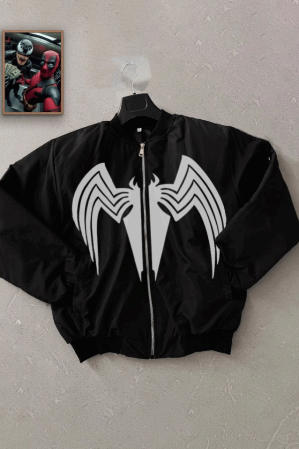 Tam Fermuarlı Uzun Kol Baskılı Bomber Ceket - Siyah