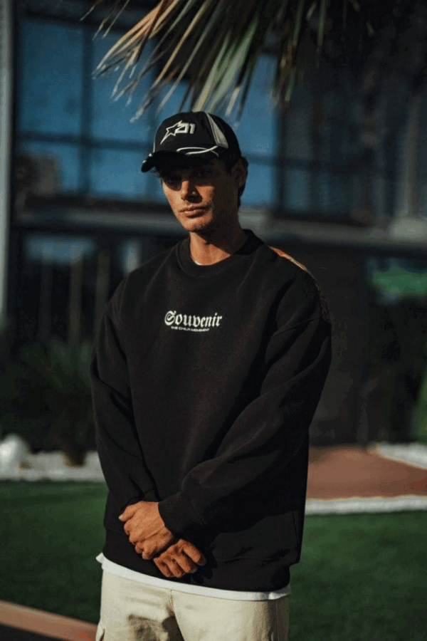 Oversize Bisiklet Yaka Baskılı SweatShirt - Siyah