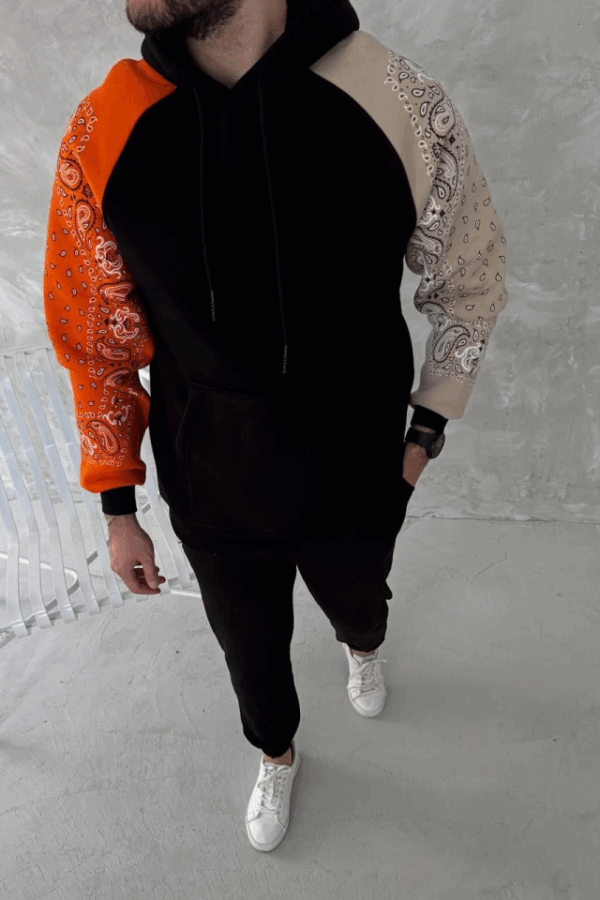 Üç İplik Penye Kapşonlu Parçalı SweatShirt - Siyah