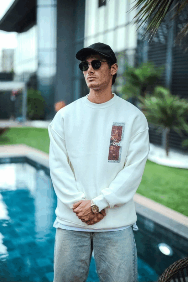 Uzun Kol Bisiklet Yaka Ön Ve Arka Baskılı SweatShirt - Beyaz