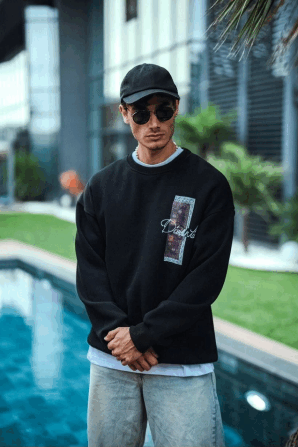 Uzun Kol Bisiklet Yaka Ön Ve Arka Baskılı SweatShirt - Siyah