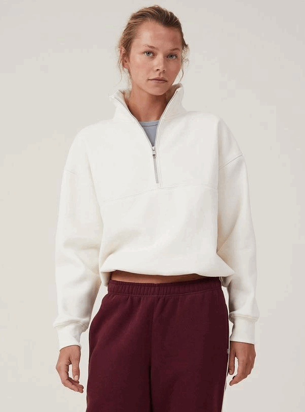 Oversize Yarım Farmuarlı Yakalı Basic SweatShirt - Beyaz