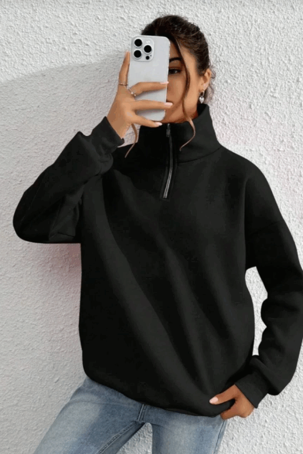 Unisex Uzun Kol Yarım Farmuarlı Yakalı Basic SweatShirt - Siyah