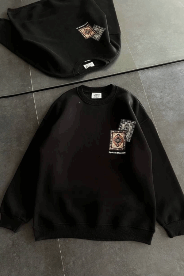 Bisiklet Yaka Baskılı SweatShirt - Siyah