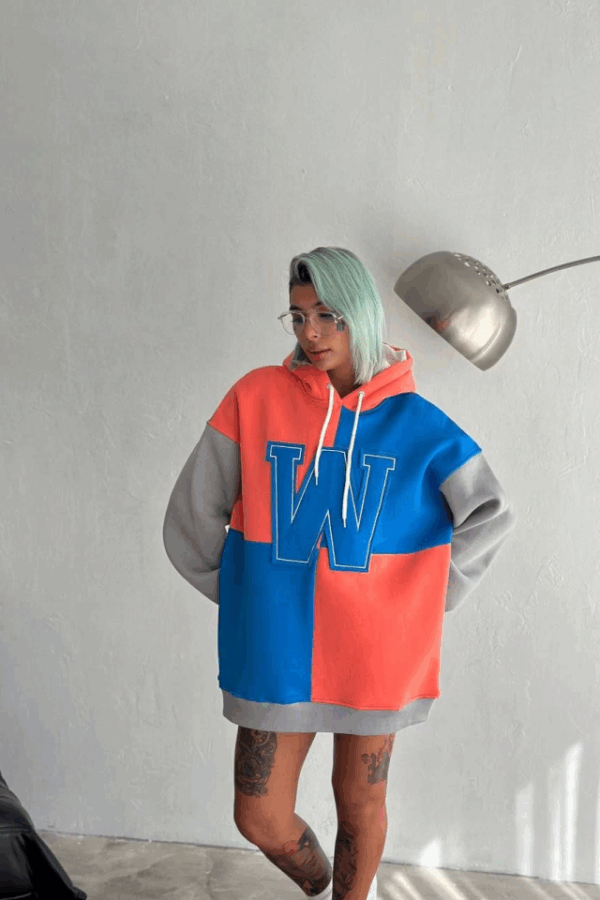 W Nakış İşlemeli Kapüşonlu Sweatshirt - Mavi