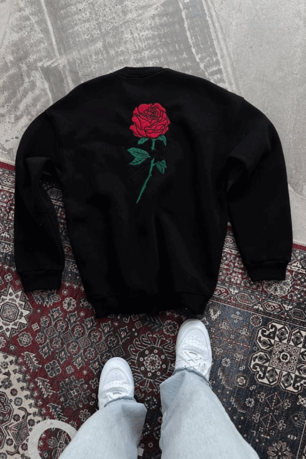 Oversize Üç İplik Bisiklet Yaka Baskılı SweatShirt - Siyah