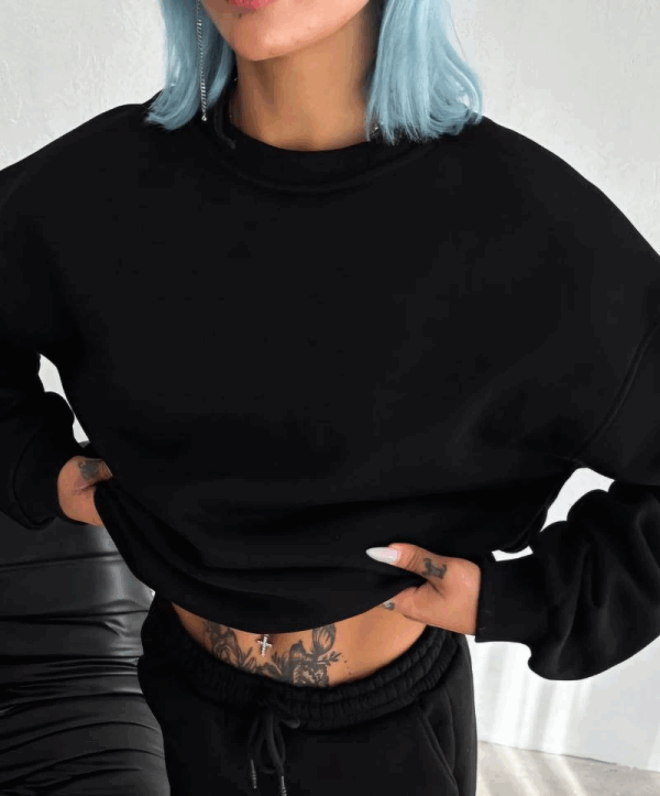 Kışlık Bisiklet Yaka Üç İplik Basic SweatShirt - Siyah