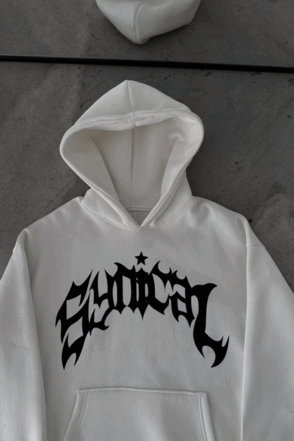 Üç İplik Kapşonlu Baskılı Oversize SweatShirt-  Beyaz