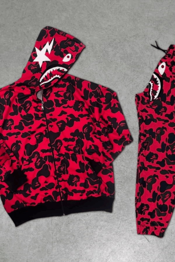 Unisex Pubg Bape X Shark Eşofman Takımı - Kırmızı
