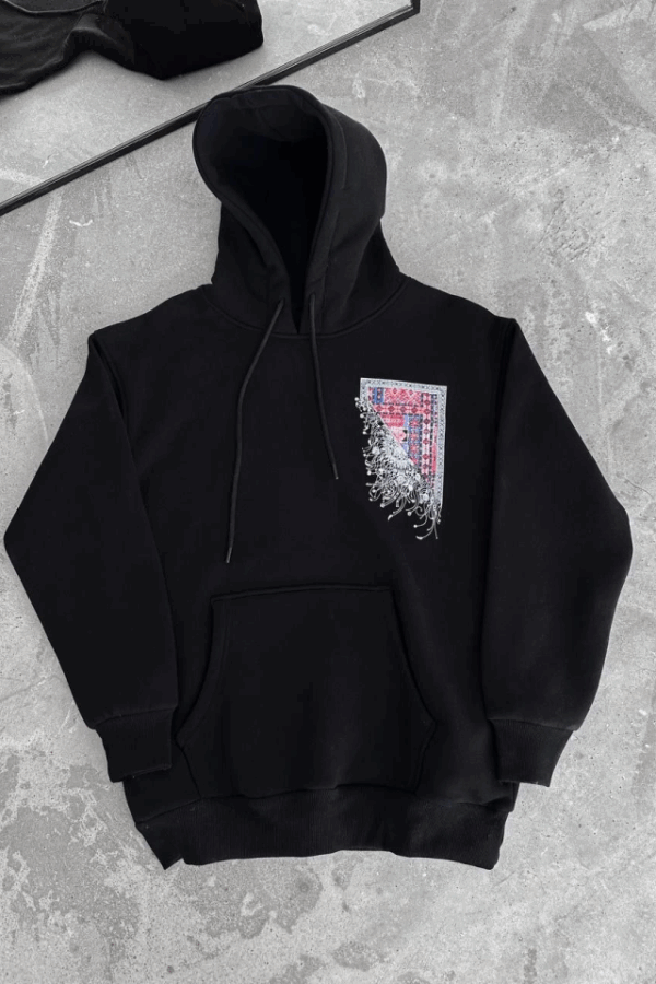 Uzun Kol Kapşonlu Ön Ve Arka Baskılı SweatShirt - Siyah
