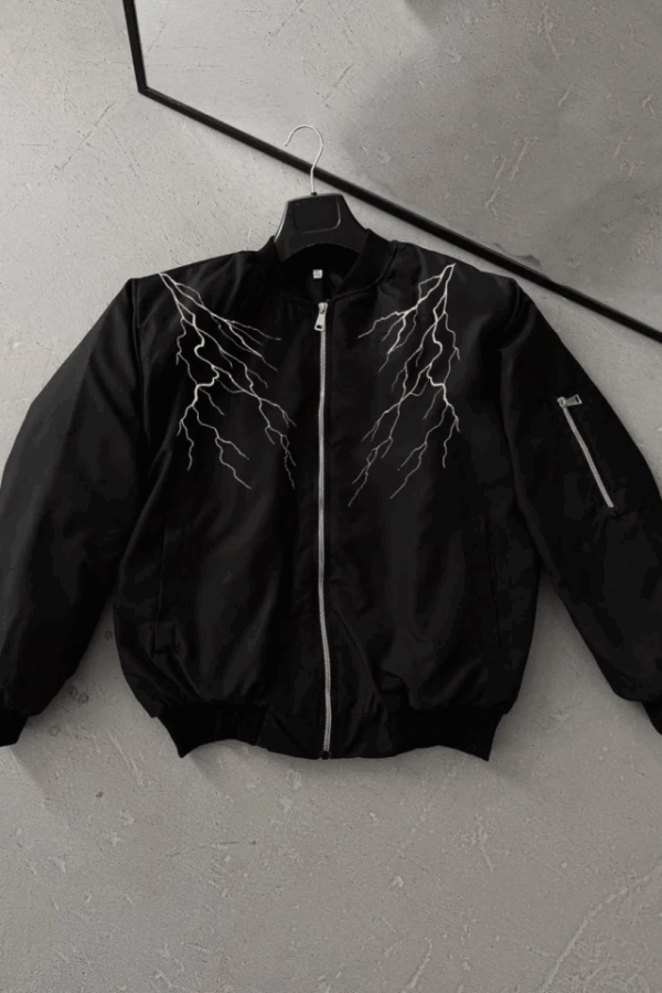 Yıldırım Baskılı Uzun Kol Bomber Ceket - Siyah