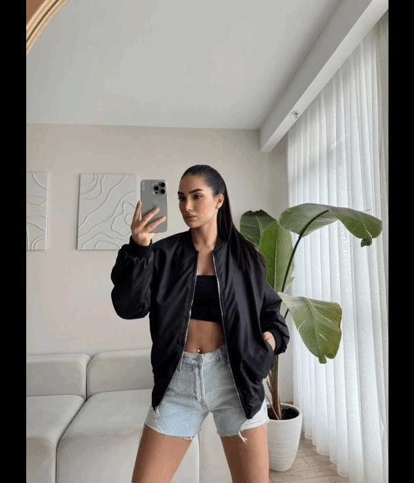 Unisex İçi Astarlı Düz Bomber Ceket - Siyah