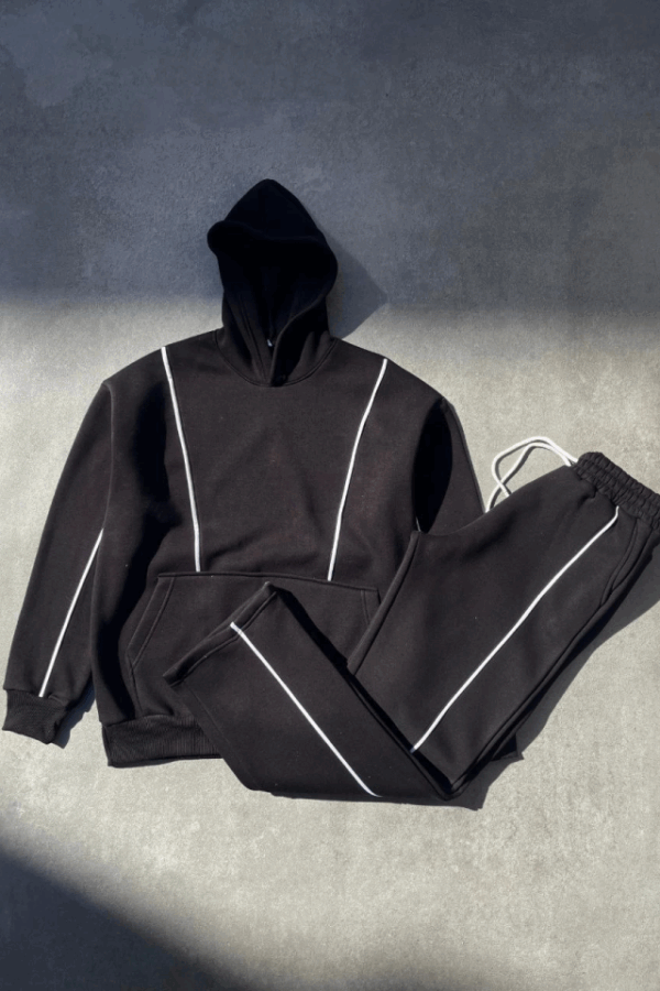 Şeritli Üç İplik Kapşonlu Eşofman Takım - Siyah