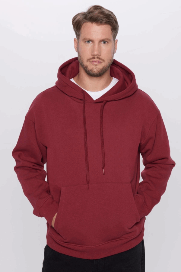 Üç İplik Penye Kapşonlu Basic SweatShirt - Bordo