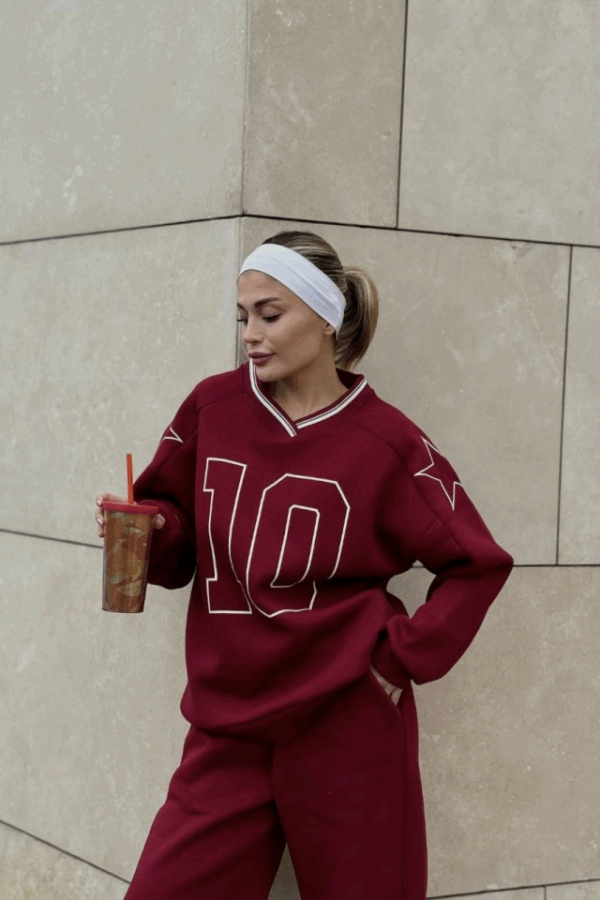 V Yaka Üç İplik Sweat Takım - Bordo