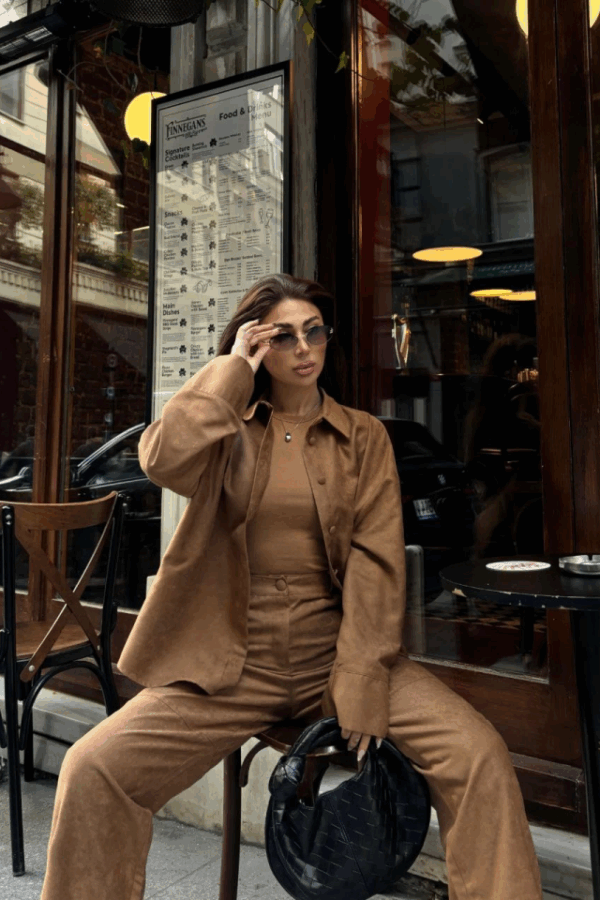 Süet Gömlek Palazzo Pantolon İkili Takım - Kahve