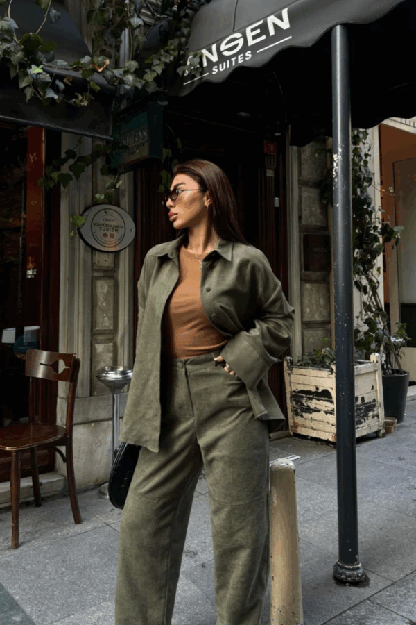 Süet Gömlek Palazzo Pantolon İkili Takım - Haki