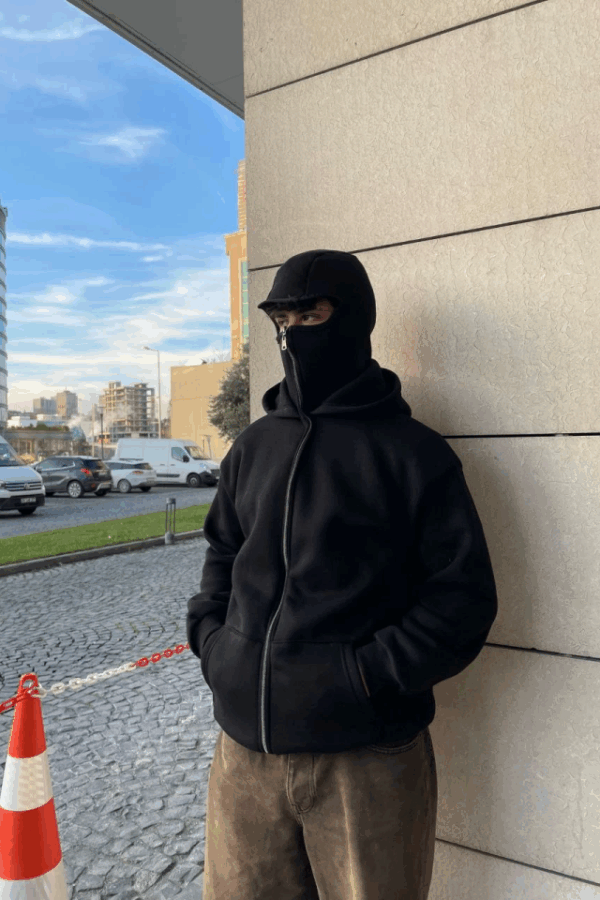 Samuray Kapüşonlu ZIP Fermuarlı Kapüşonlu SweatShirt - Siyah