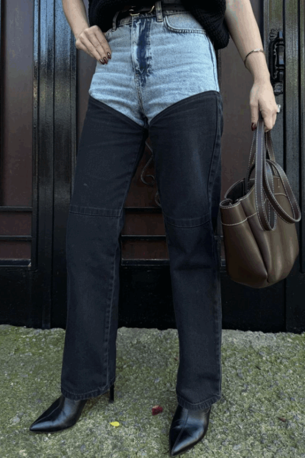 Jeans Kot Parçalı Palazzo Pantolon - Siyah