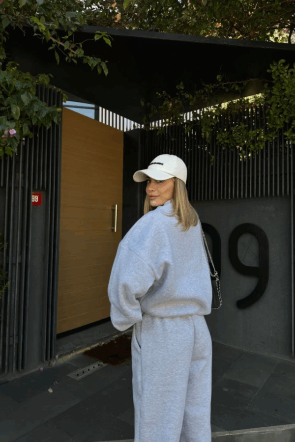 Geniş V Yaka Üç İplik Sweat Takım - Gri