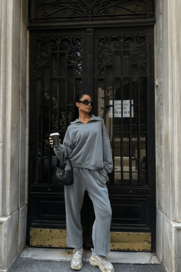 Yıkamalı Iki Iplik Kumaş  Yakalı Fermuarlı Oversize  Eşofman Takımı - Gri