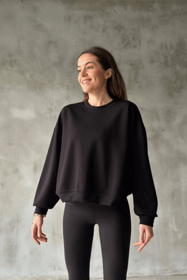 Osy Modal Yumuşak Dokulu Kumaş Bisiklet Yaka Oversize Sweatshirt - Siyah
