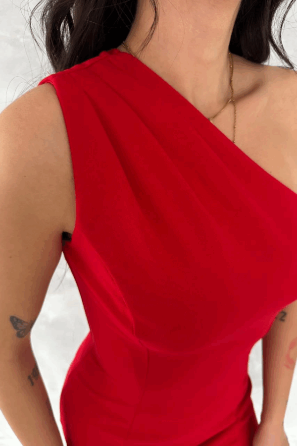 Tek Omuzlu Kolsuz Mini Boy Elbise - Kırmızı