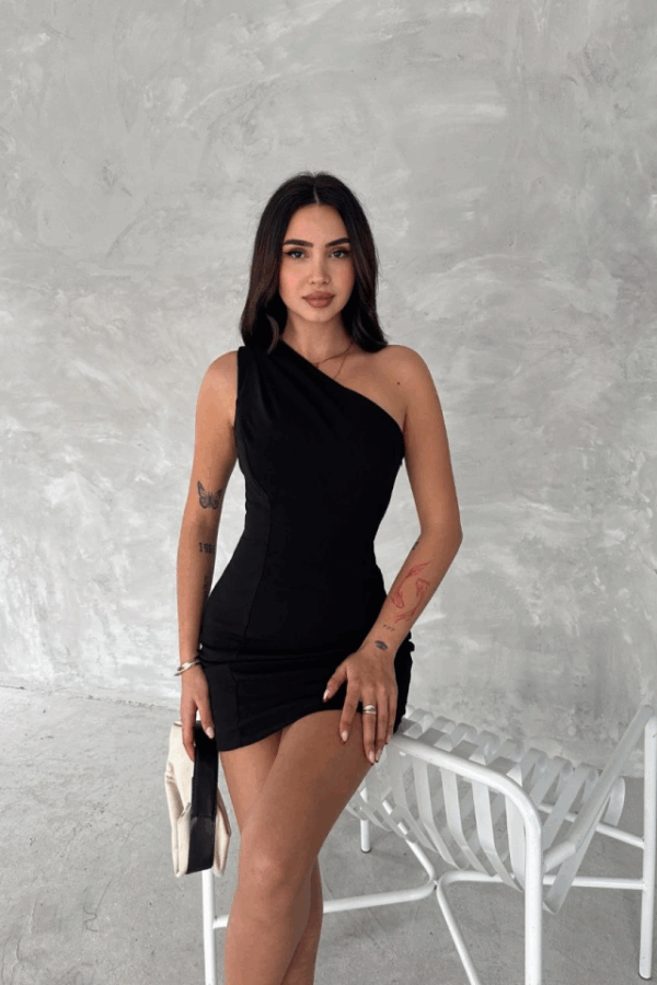 Tek Omuzlu Kolsuz Mini Boy Elbise - Siyah